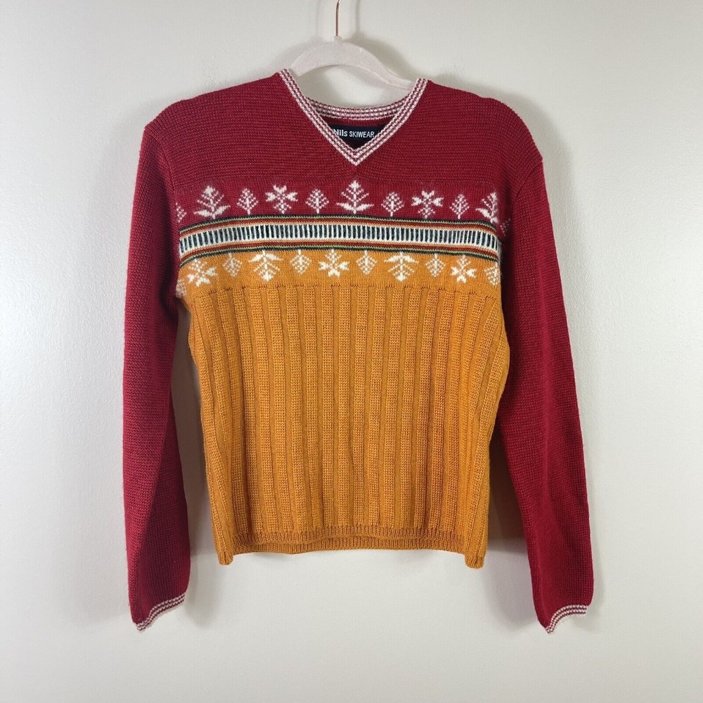 NILS womens size M fair isle yellow red ribbed knit wool blend v neck sweater